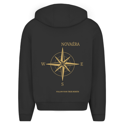 NOVAÉRA Herren Oversize Zipper Hoodie – Fluffy Komfort mit Kompass-Gold-Backprint