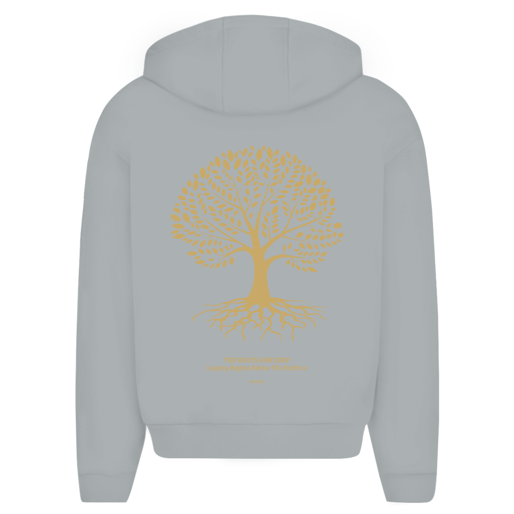 NOVAÉRA Herren Oversize Zipper Hoodie – Fluffy Komfort & Gold-Backprint „Roots Run Deep“