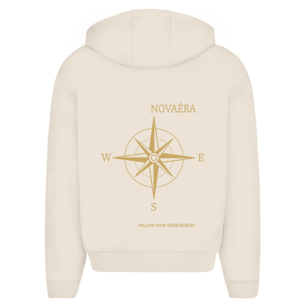 NOVAÉRA Herren Oversize Zipper Hoodie – Fluffy Komfort mit Kompass-Gold-Backprint