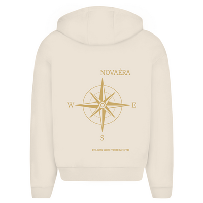 NOVAÉRA Herren Oversize Zipper Hoodie – Fluffy Komfort mit Kompass-Gold-Backprint
