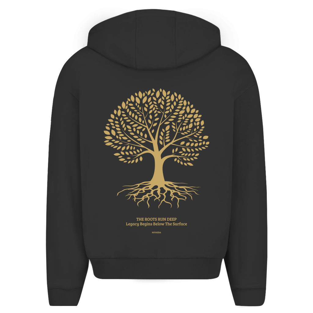 NOVAÉRA Herren Oversize Zipper Hoodie – Fluffy Komfort & Gold-Backprint „Roots Run Deep“