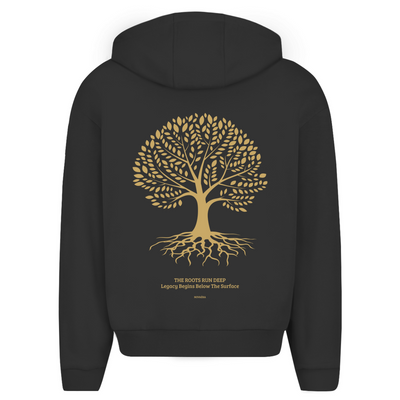 NOVAÉRA Herren Oversize Zipper Hoodie – Fluffy Komfort & Gold-Backprint „Roots Run Deep“