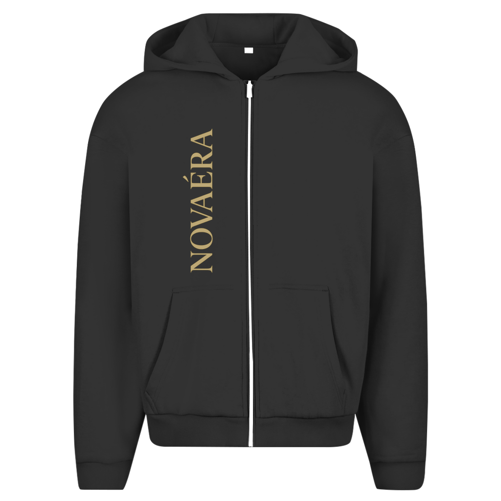 NOVAÉRA Herren Oversize Zipper Hoodie – Fluffy Komfort mit Kompass-Gold-Backprint