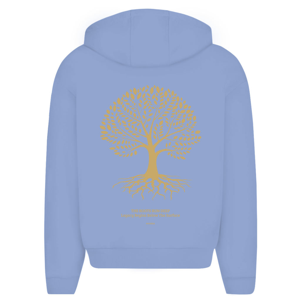 NOVAÉRA Herren Oversize Zipper Hoodie – Fluffy Komfort & Gold-Backprint „Roots Run Deep“