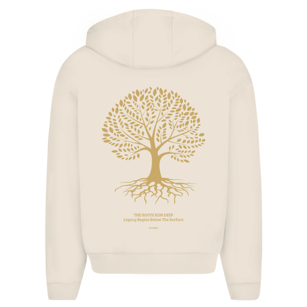 NOVAÉRA Herren Oversize Zipper Hoodie – Fluffy Komfort & Gold-Backprint „Roots Run Deep“
