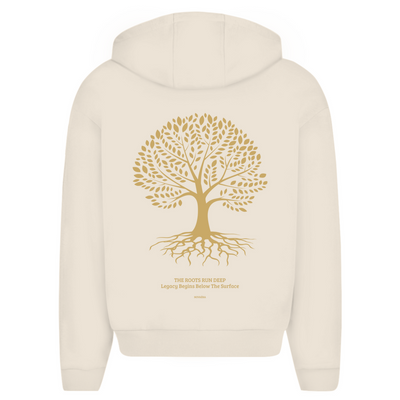 NOVAÉRA Herren Oversize Zipper Hoodie – Fluffy Komfort & Gold-Backprint „Roots Run Deep“