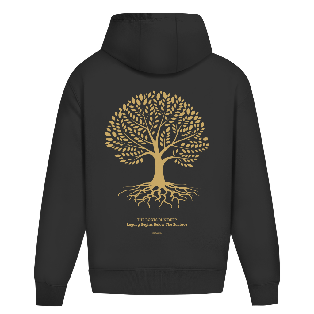 NOVAÉRA Oversize Hoodie ohne Kordel – Schwerer Stoff & Gold-Backprint „Roots Run Deep“