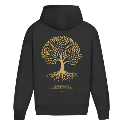 NOVAÉRA Oversize Hoodie ohne Kordel – Schwerer Stoff & Gold-Backprint „Roots Run Deep“