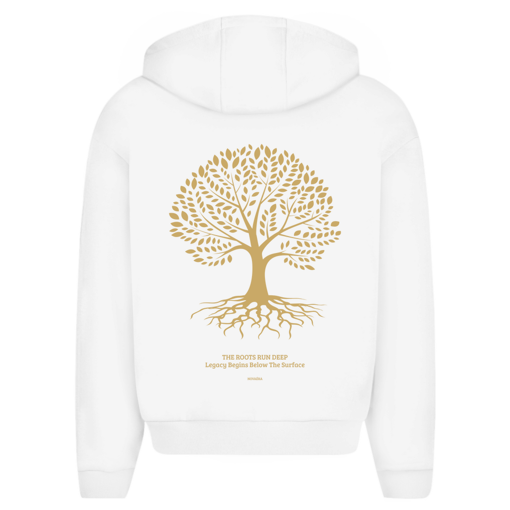 NOVAÉRA Herren Oversize Zipper Hoodie – Fluffy Komfort & Gold-Backprint „Roots Run Deep“