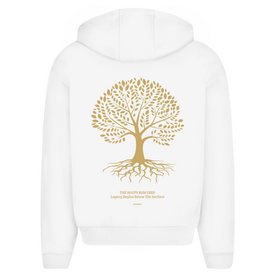NOVAÉRA Herren Oversize Zipper Hoodie – Fluffy Komfort & Gold-Backprint „Roots Run Deep“