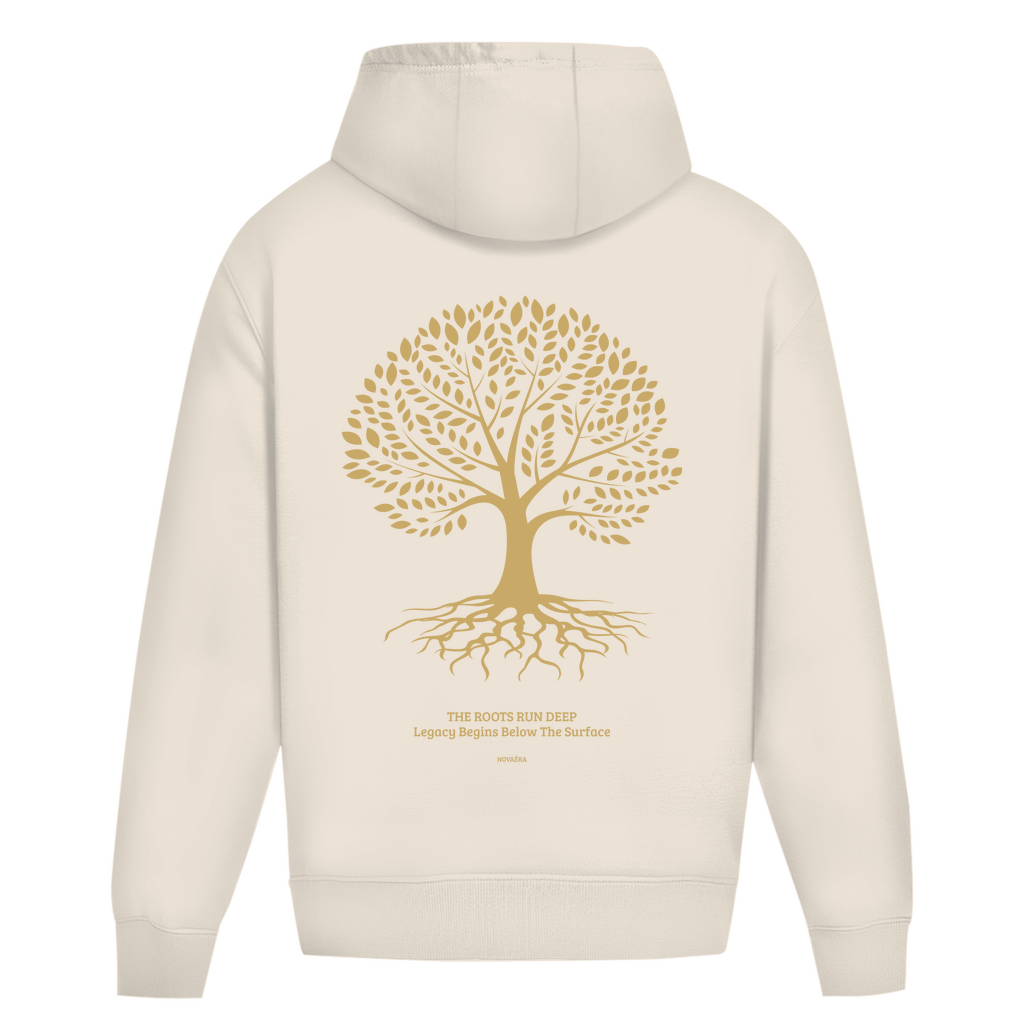 NOVAÉRA Oversize Hoodie ohne Kordel – Schwerer Stoff & Gold-Backprint „Roots Run Deep“