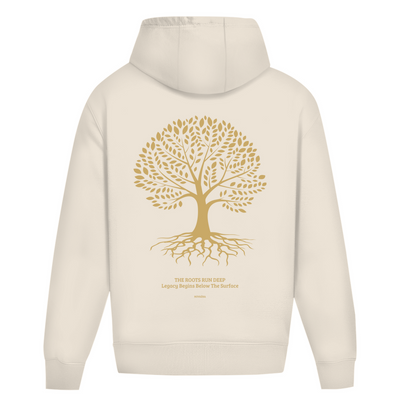 NOVAÉRA Oversize Hoodie ohne Kordel – Schwerer Stoff & Gold-Backprint „Roots Run Deep“