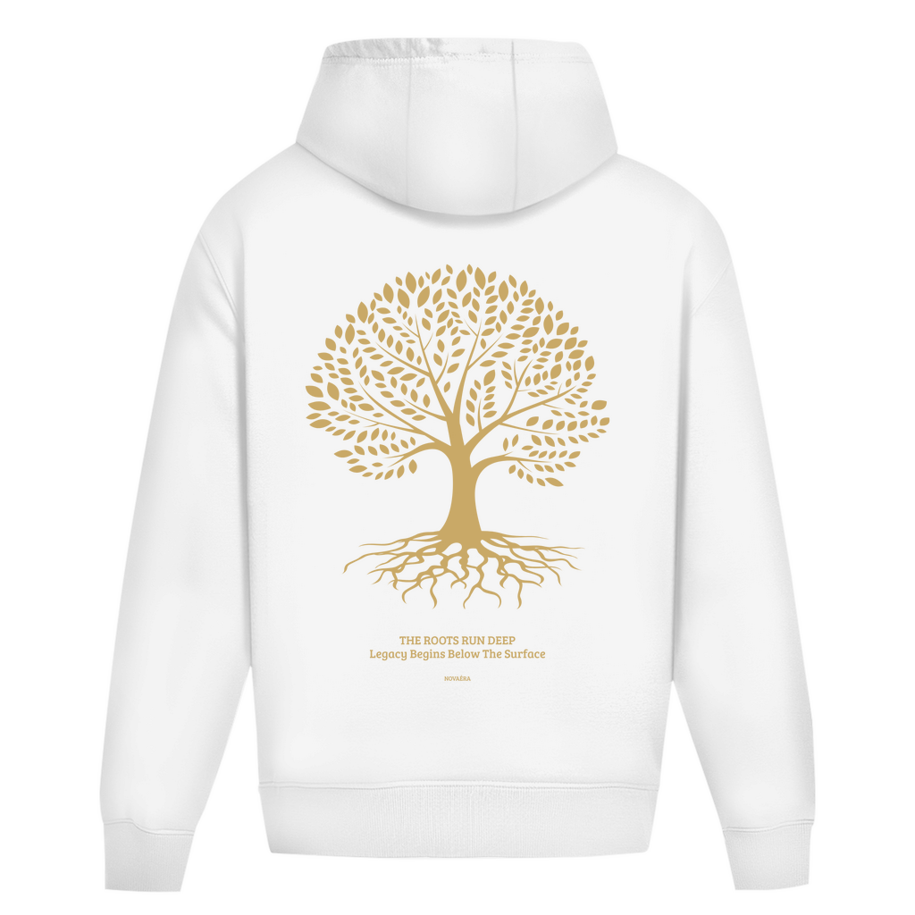 NOVAÉRA Oversize Hoodie ohne Kordel – Schwerer Stoff & Gold-Backprint „Roots Run Deep“