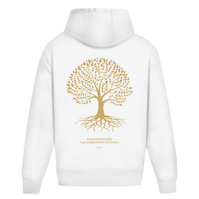 NOVAÉRA Oversize Hoodie ohne Kordel – Schwerer Stoff & Gold-Backprint „Roots Run Deep“
